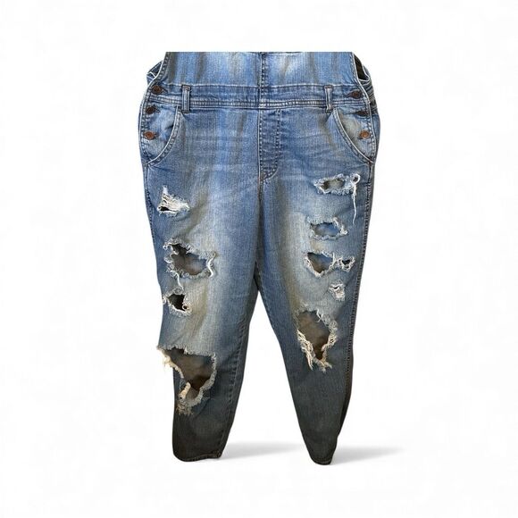 Almost Famous Women Junior Sz 9 Blue Distressed Denim Bib Overalls Grunge Boho - Picture 4 of 12
